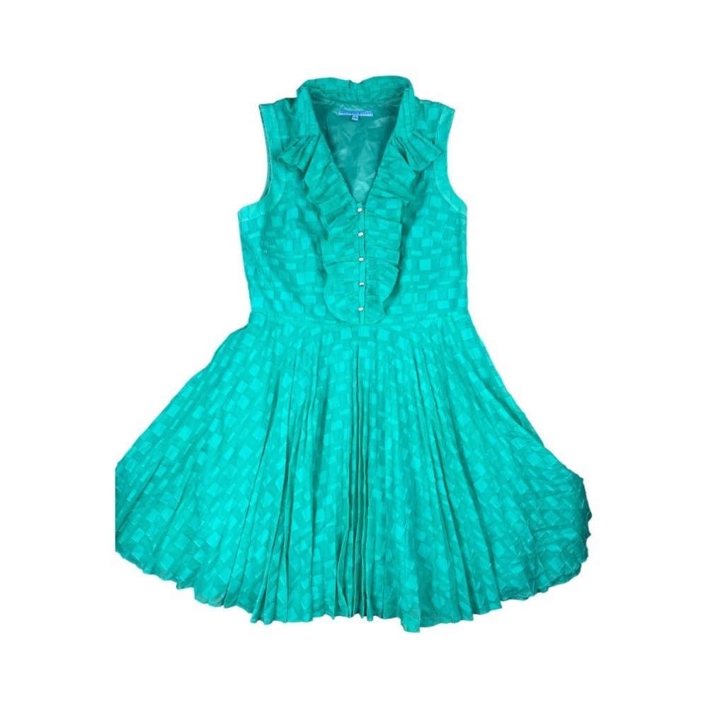 Antonio Melani Nellanne Silk Blend Dress 12 Turquoise Ruffle Pleated A-Line